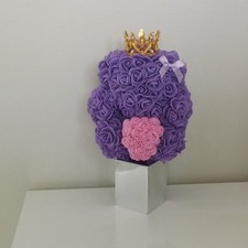 Purple Foam Rose Bear Floral Arrangement with Crown, Pink Heart, Bow, White Base