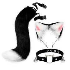 New Large Faux Fur Wolf Tail  Fox Ears Headband Set Plush Animal Headpiece