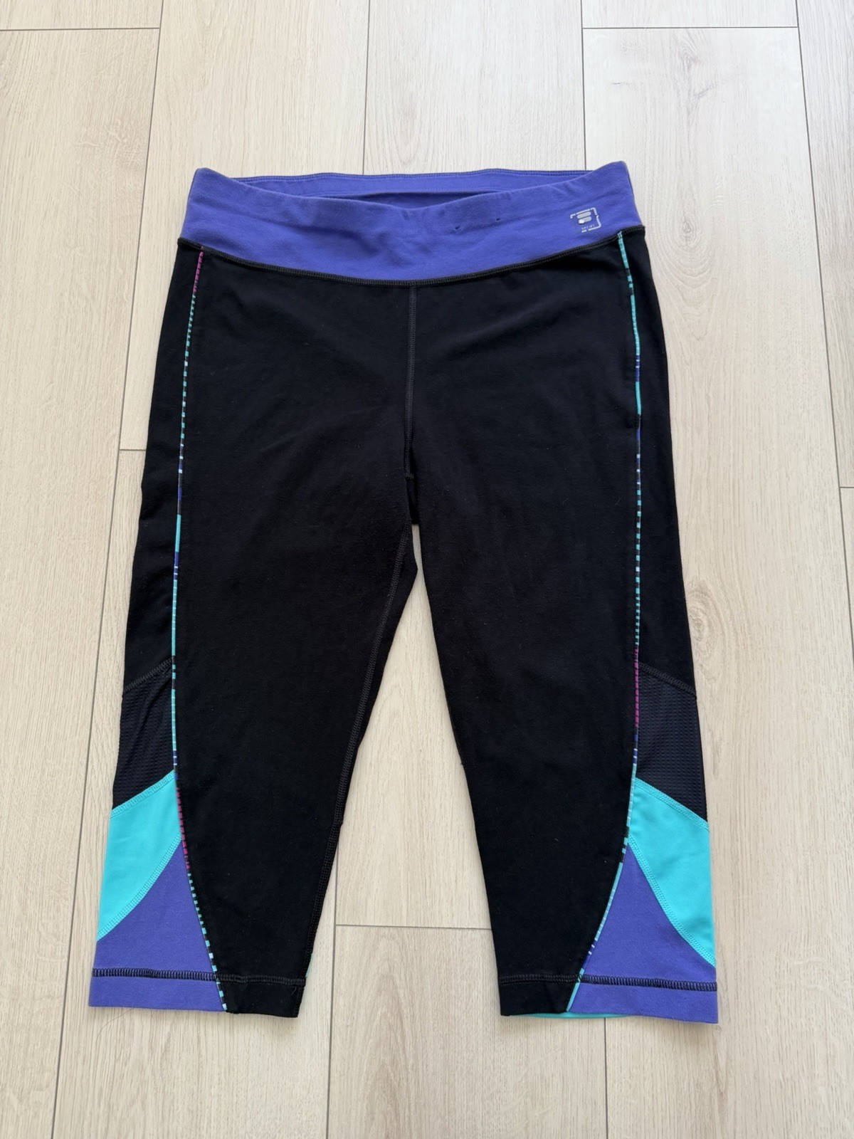 FILA Women's L Black Purple Aqua Capri Leggings Sport Cotton Polyester Spandex