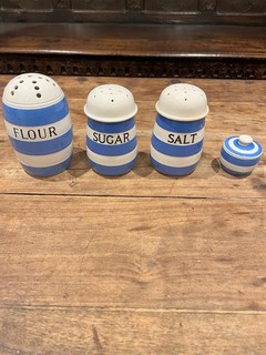 4 Piece Blue Striped Green and Co Cornish Kitchenware Pottery Set