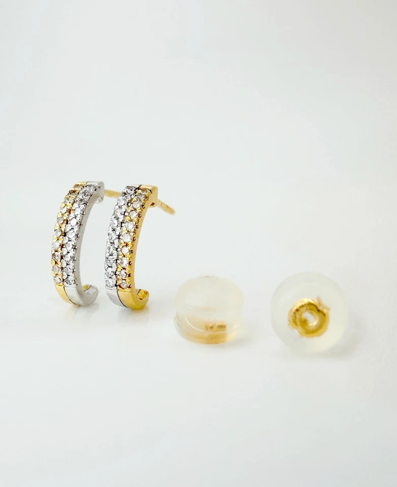 18K Solid Gold Half Hoop Huggie studs Diamond earrings | Minimalist Two tone - Image 2 of 4