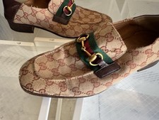 Authentic Gucci GG Web Canvas Leather Brown Mens Loafer US9.5