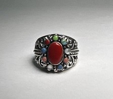 Vintage 925 Sterling Silver Red Coral And Multi Colored Gemstone Ring