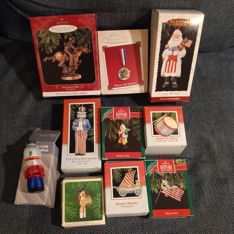 Lot of 10 mostly Hallmark  Christmas Ornaments  Vintage patriotic theme