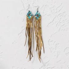 Gold Tone Turquoise Tassel Dangle/Drop Hook Earrings Bohemian Metal