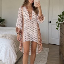 Free People Paisley Mixed Print High Low V-Neck Tunic Dress White Orange Large