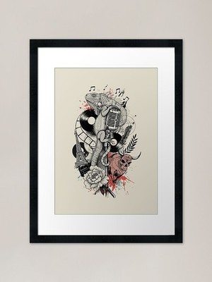 Blackwork tattoo with color splatte Framed Wall Art Poster Canvas Print Picture
