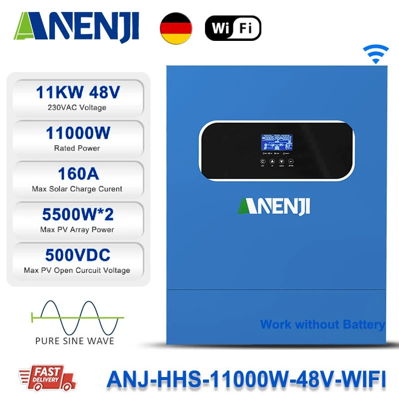 ANENJI 11000W Hybrid Solar Wechselrichter 230V 48V On/Off-Grid Dual MPPT Charger WIFI