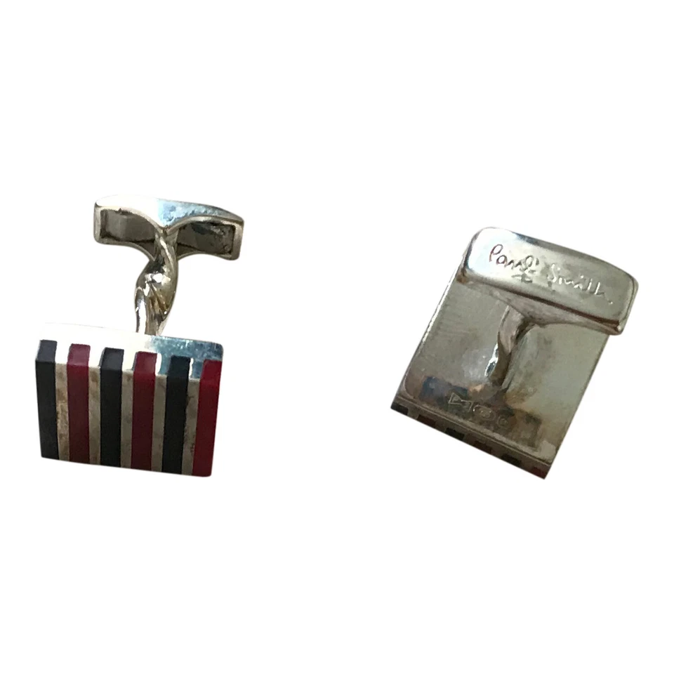 Gemelos Paul Smith Plata de Ley Azul Rojo Raya "PS" Cuadrados  Foto 3 de 4