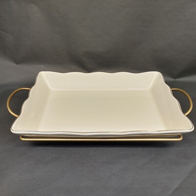 Alco Industries Gold Trim Ceramic Serving Platter Tray Wire Holder Frame 14.5''
