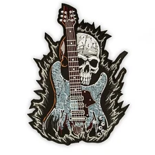 Rock Guitar Skull Large Back Patch, Biker Jacket Accessory - Guitarist Skeleton