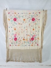 Antique Chinese Hand Embroidered Floral Piano Shawl 129x122