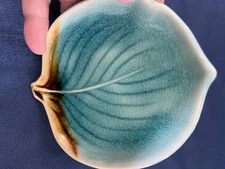 Vintage Japan 2 Leaf Trinket Tray Dish Blue Green Fused Crackle Glaze