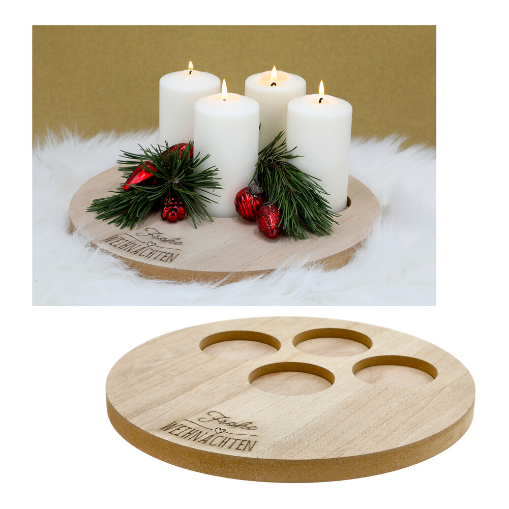 Kerzentablett Dekoteller Holz Ø 32 cm Schriftzug Frohe Weihnachten Kerzenteller