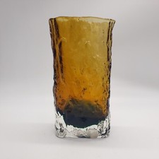 Hand Blown Amber Black Bark Art Glass Long Rectangle Vase  Heavy  8" T