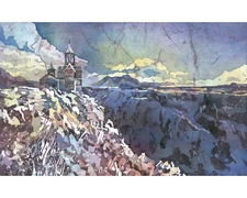 Saghmasovank Monastery landscape Armenia architecture watercolor (original)