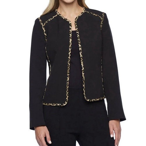 Evan Picone Jacket Dress Suit Set Size 18 Fitted Black Leopard Print Piping Work - Picture 2 of 17