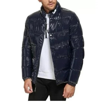 Calvin Klein Puffer Jacket Mens L Navy Blue Shiny Sorona Insulated Zip Coat $225