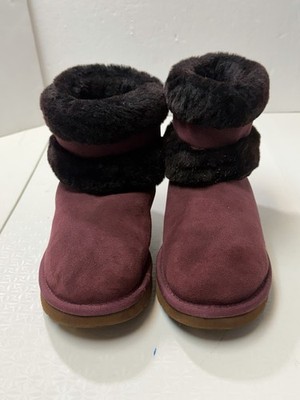 UGG Fluff Mini Belted Boots Flat Ankle Booties Sheepskin Wild Grape Suede Size 7