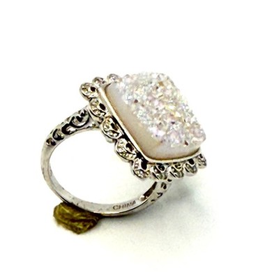 Vintage Y2K Sterlingsilber gestempelt irisierend weiß Druzy Statement Ring