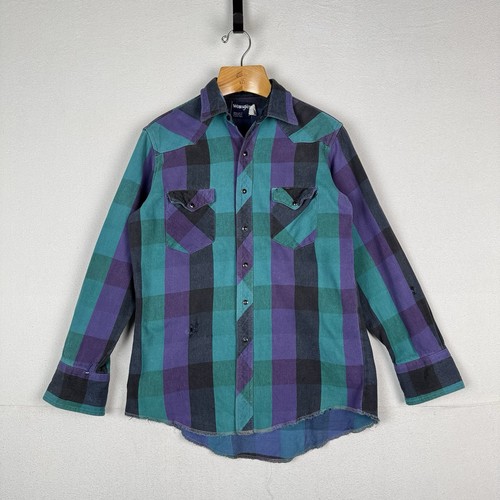 Vtg Wrangler Striped Mens L 16.5x33 Shirt Black Purple Teal Western X-Long Tails