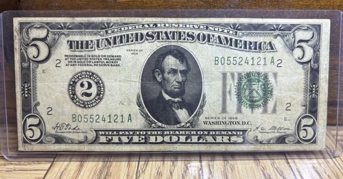 1928 Green Seal $5 Bill Series Of 1928 “No Letter”