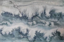 Original Artwork Giclee Print Landscape BERD OCEAN WAVE SEAGULLS Seascape Art A4