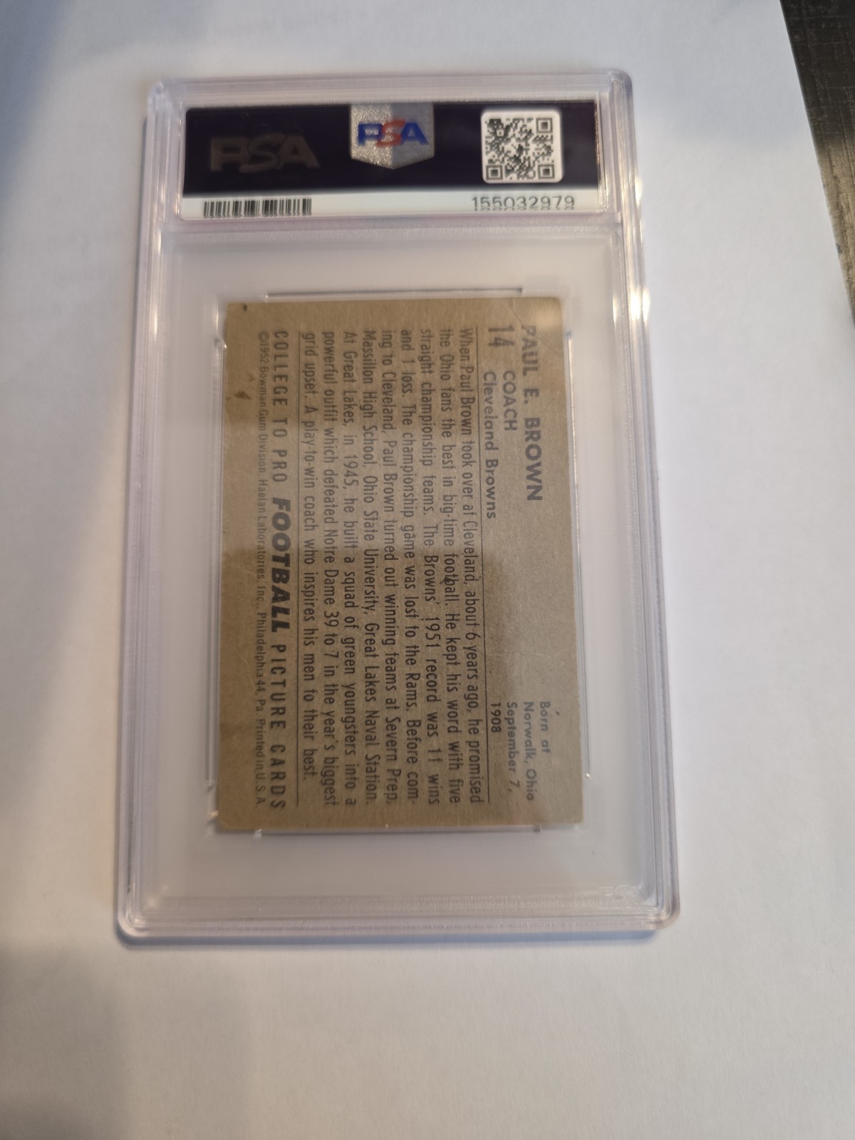 1952 BOWMAN SMALL #14 PAUL BROWN PSA 1 BROWNS RC HOF  RECENTLY GRADED view 5