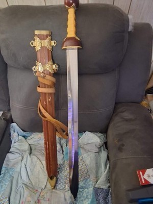 Roman Gladius Sword Steel Blade Wood Handle Ornate Brass Scabbard Gold Silver