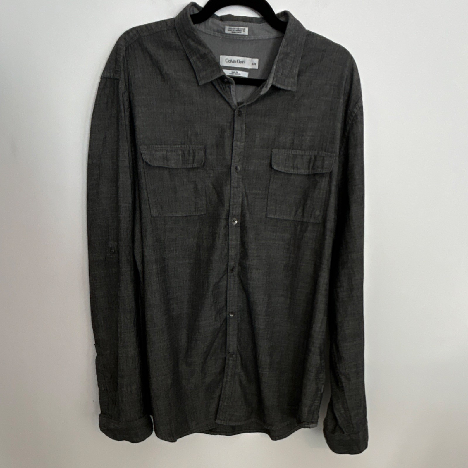Calvin Klein Men's Gray Cotton Body Fit Button-Up Shirt Long Sleeve XL