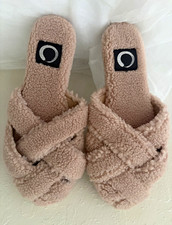 Women s Beige Faux Fur Fleece Cross Strap Slide Slippers Open Toe Logo Size 6