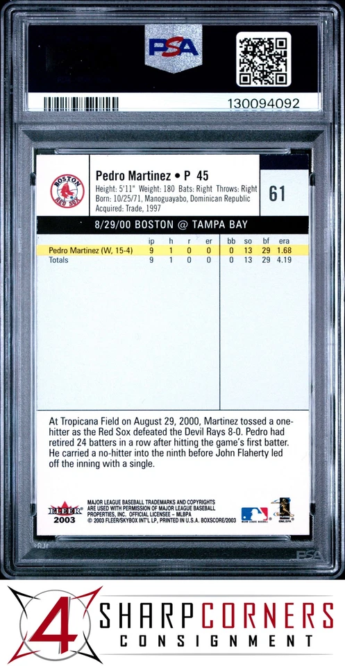 2003 FLEER BOX SCORE #61 PEDRO MARTINEZ HOF POP 1 PSA 10 - Image 2 of 3