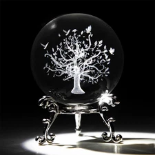 60Mm Tree of Life Crystal Ball with Stand 3D Laser Engraved Life Tree Figurine C