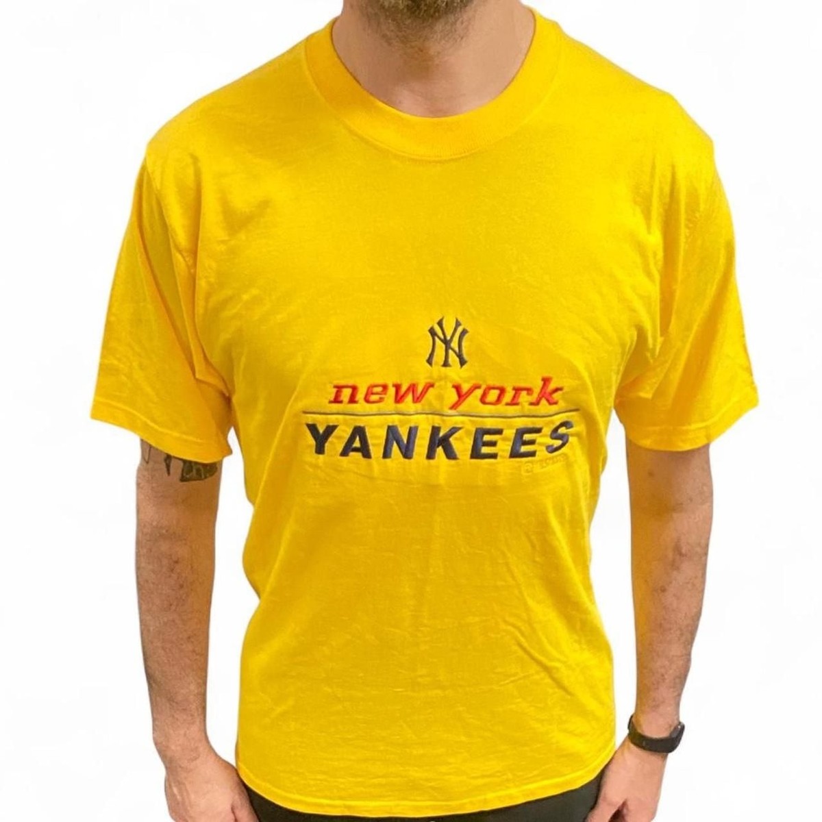 Vintage 1998 MLB New York Yankees Yellow Graphic T-Shirt - Pro 