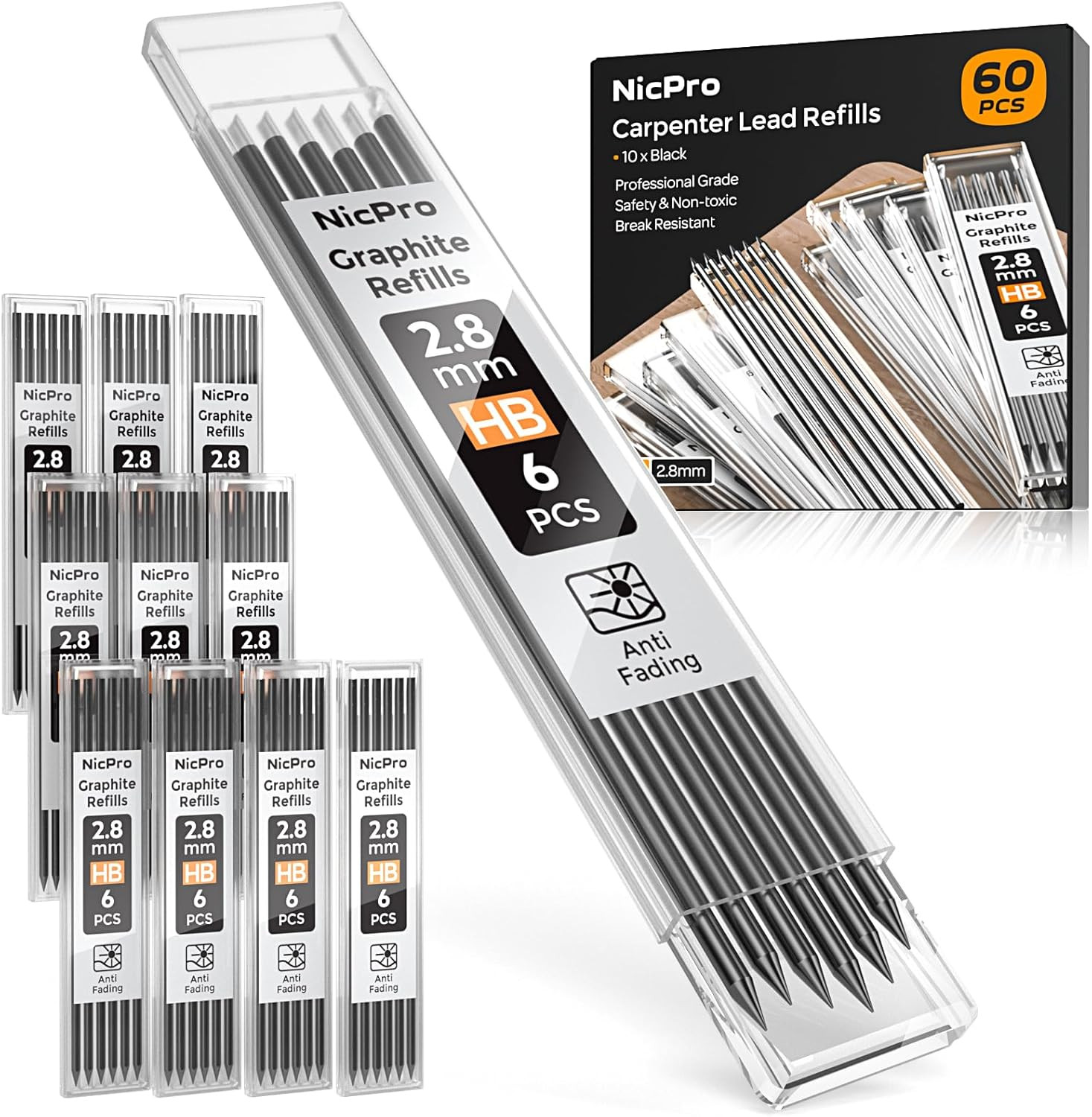 60 Pieces Carpenter Pencil Lead Refills 2.8Mm, Lead Refill for Mechanical Carpen