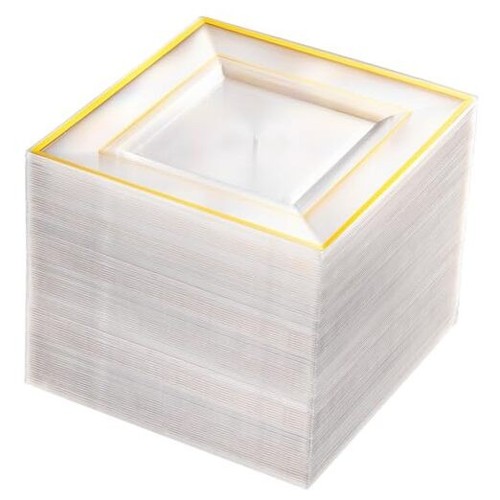 100PCS Clear Gold Plastic Square Plates - 6 Inch Clear Disposable