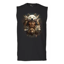 Native American Wolf Chief Muscle Shirt Headdress Warrior Wolves Totem Men's
