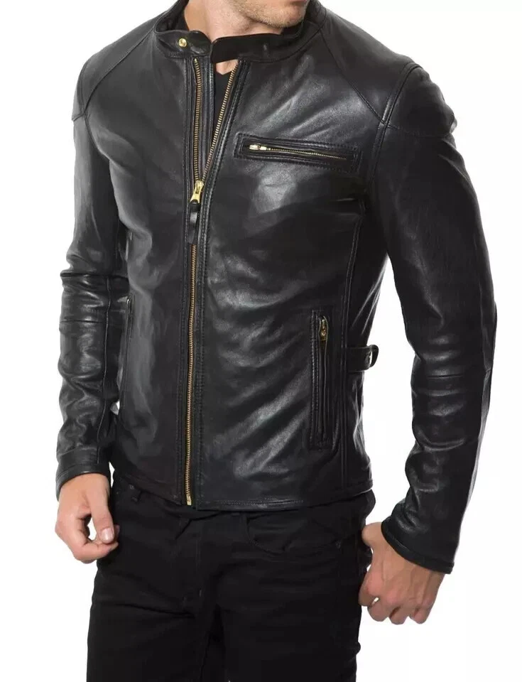 Men's Genuine Lambskin Black Biker Stylish Slim Fit Bomber Leather Jacket