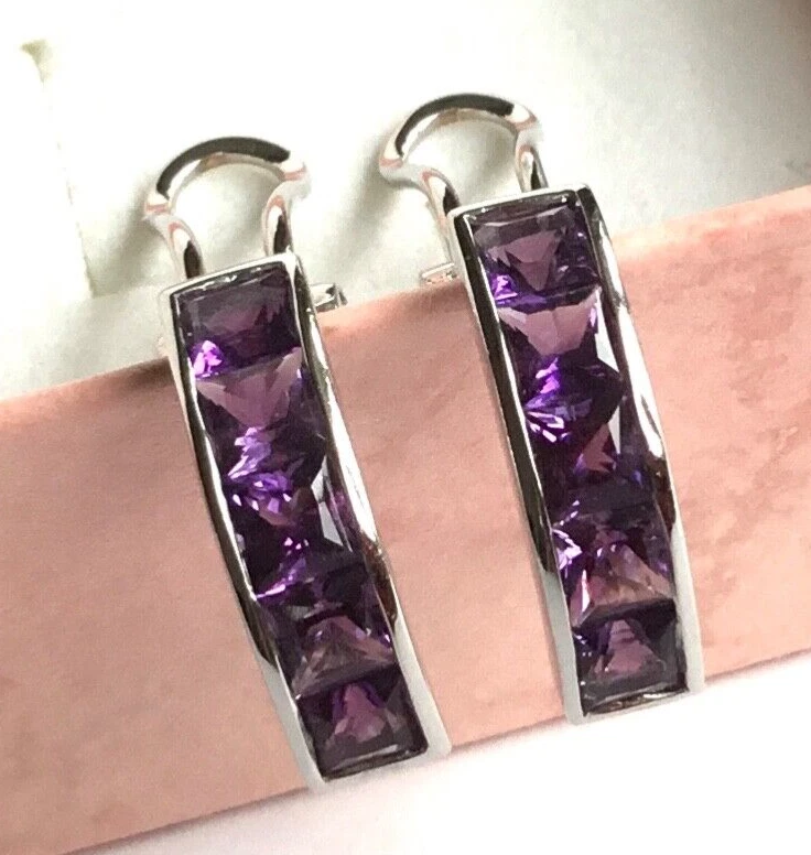 18k White Gold Channel Set Princess Cut Amethyst Earrings Omega Back 6g - Image 3 of 4