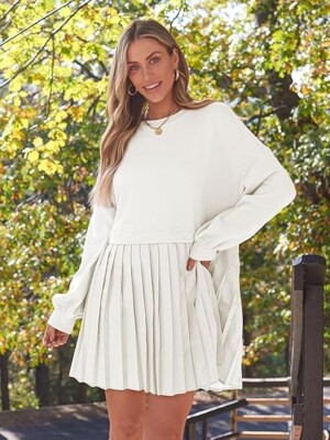 Lillusory Womens Oversized Pleated Tunic Long Sleeve Sweatshirt Dress, White,  XL | eBay
