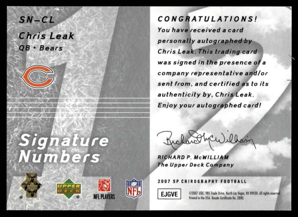 2007 SP Chirography Signature Numbers Silver Chris Leak Auto 38/75 Chicago Bears - Image 2 of 2