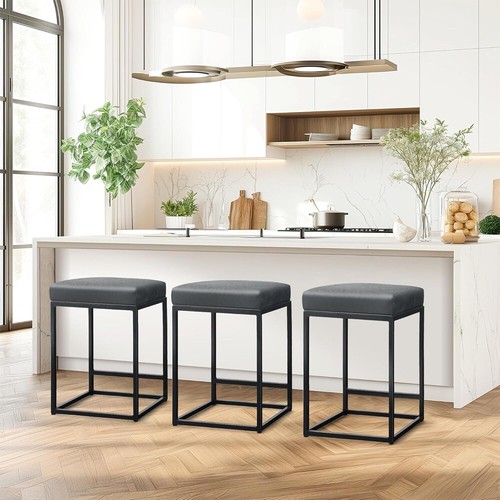 Counter Height Bar Stools 24" Kitchen Backless Modern Square Leather Barstools - Picture 2 of 8