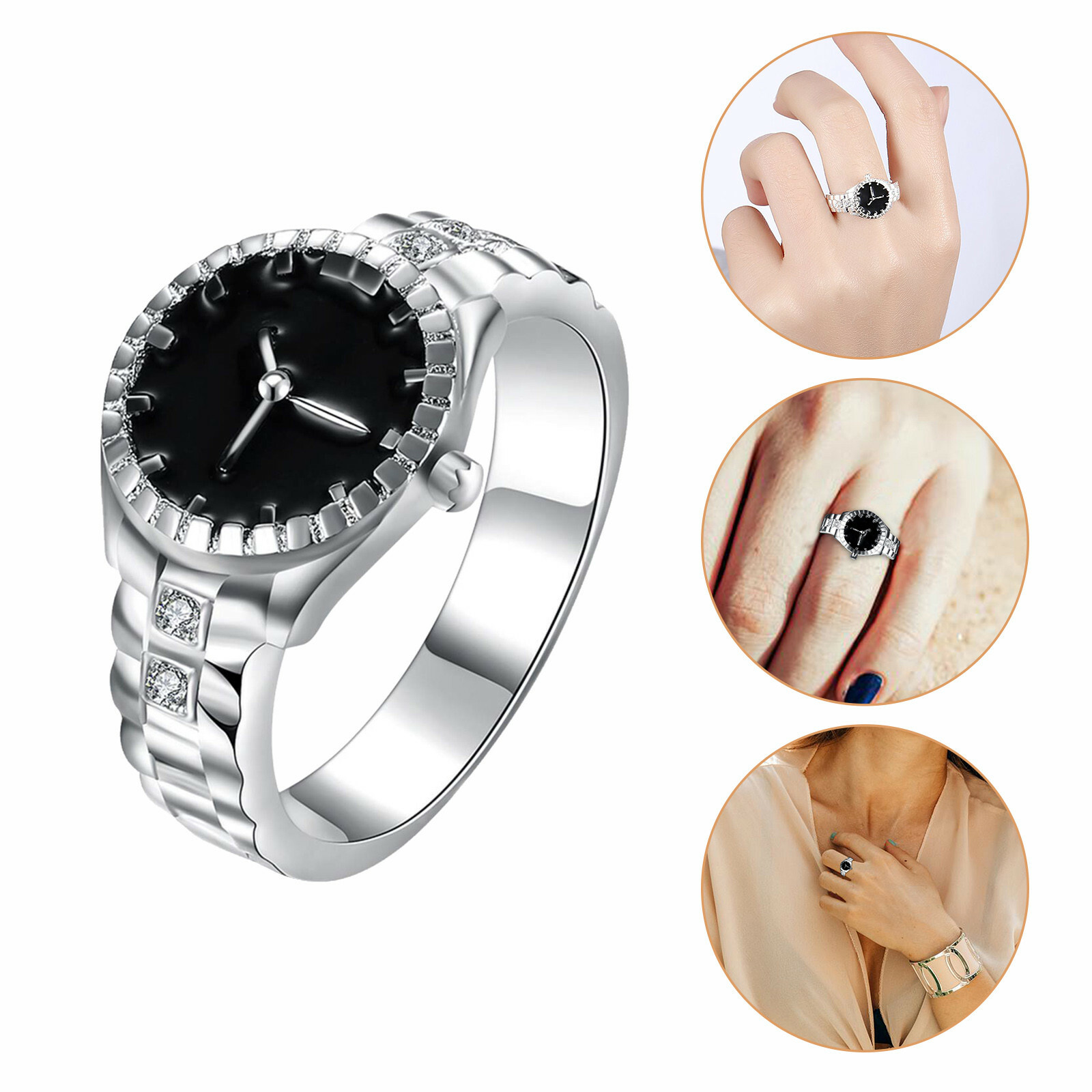 Mujeres Anillo Reloj Moda Dedo Plateado Reloj Dama Niña Creativo | eBay