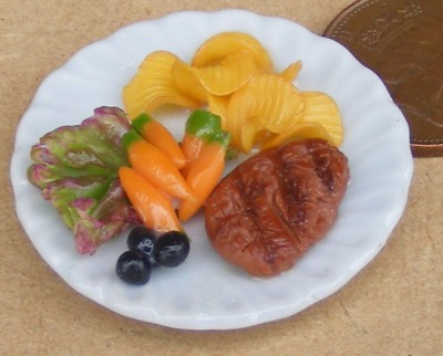 Puppenstube versilbertes Essen Steak Bratkartoffeln auf L Keramikschale Maßstab 1:12 Tumdee