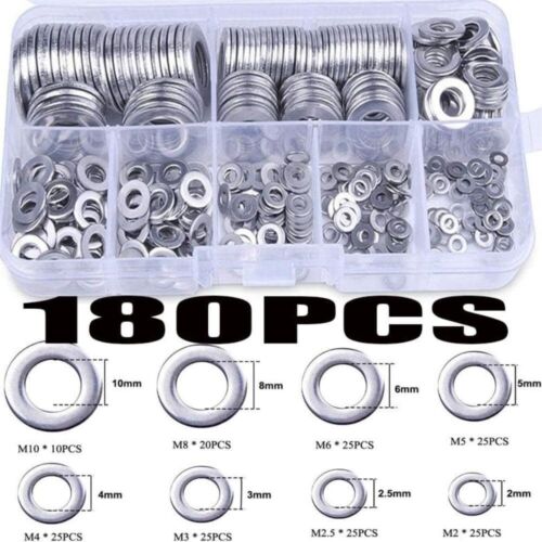180pcs 304 Stainless Steel Washers Flat Washer Assortment Set Kit M2 M2.5 M5 M10 - Picture 1 of 1