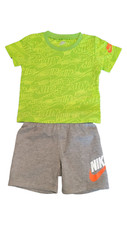 Nike Boys Lime Green Allover Logo Tee  Gray Shorts Set Sizes 18M to 6/7 