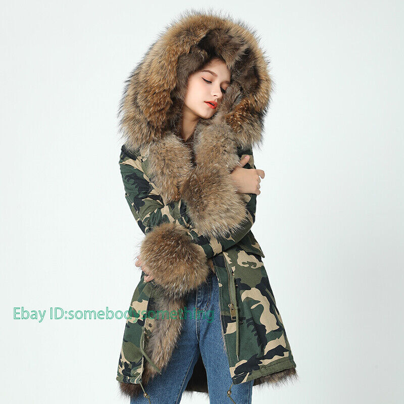 Women's Raccoon Fur Parka Collar Cuffs Hooded Jacket Rabbit Fur