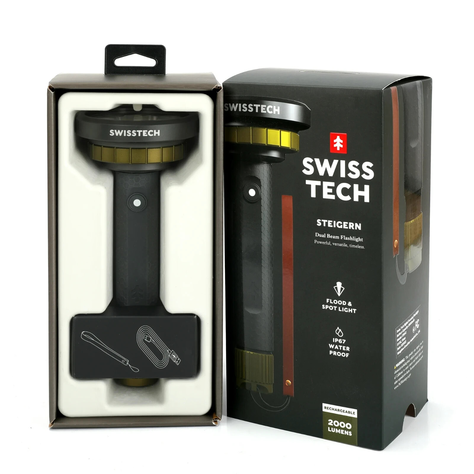 Swiss Tech Steigern 2000 Lumen LED Rechargeable Flashlight, IPX7 Waterproof, Dig