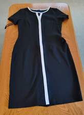 TALBOTS PONTE KNIT DRESS-SIZE 6-BLACK-IVORY TRIM-BACK ZIP & SLIT-SHORT SLEEVES