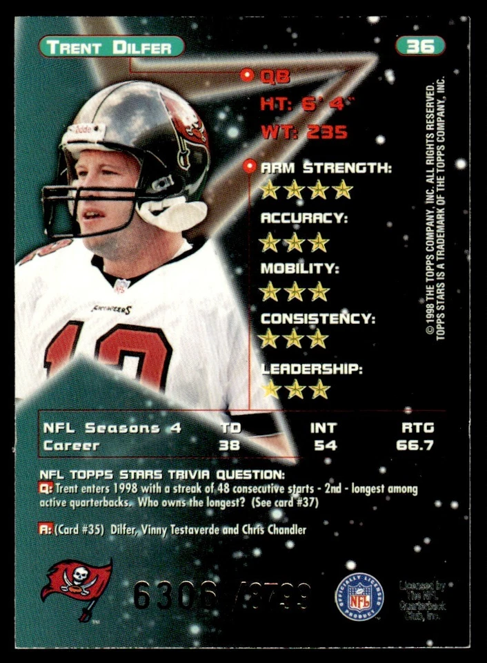 1998 Topps Stars Gold Trent Dilfer Tampa Bay Buccaneers #36 - Image 2 of 2